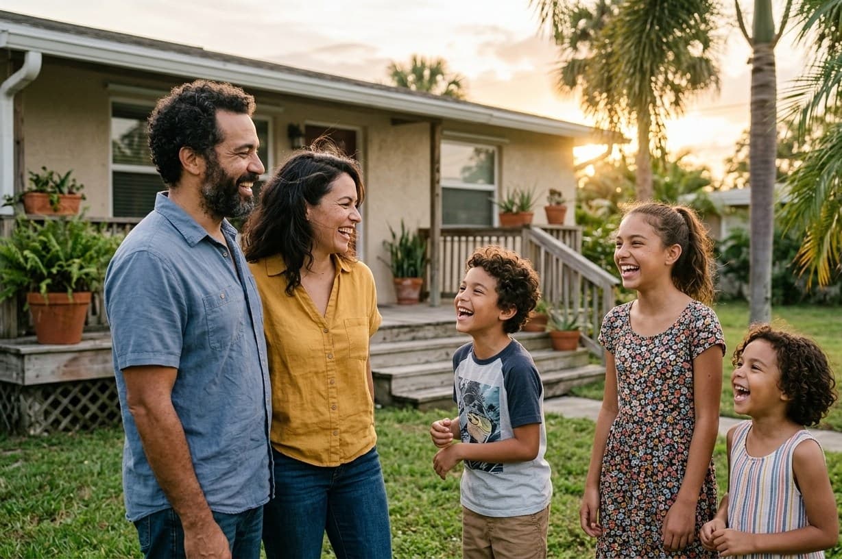 A relieved Florida homeowner couple in their fifties on the front porch of their single-story home at golden hour